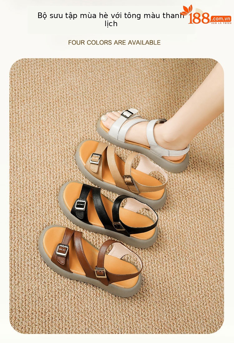 Sandal nữ quai ngang da thật đế dày mềm mại — Màu nâu chi tiết 3