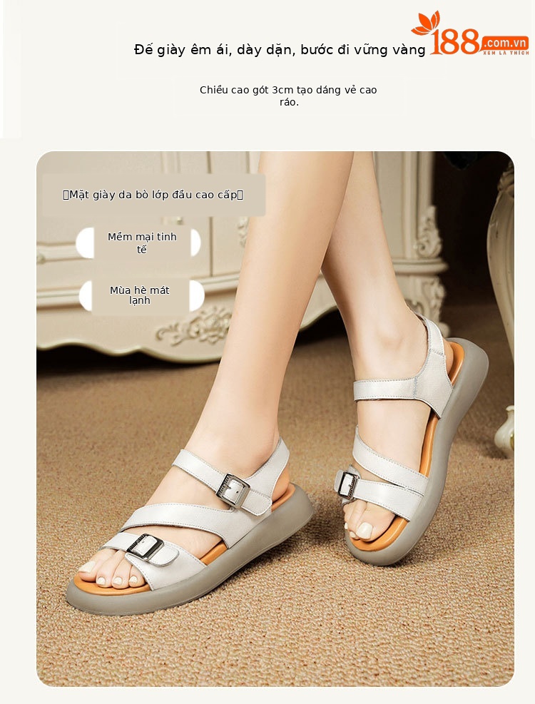 Sandal nữ quai ngang da thật đế dày mềm mại — Màu nâu chi tiết 13