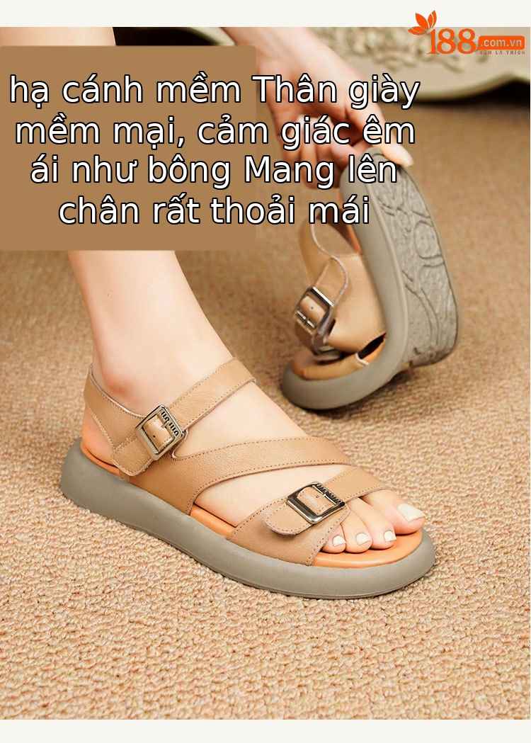 Sandal nữ quai ngang da thật đế dày mềm mại — Màu nâu chi tiết 15