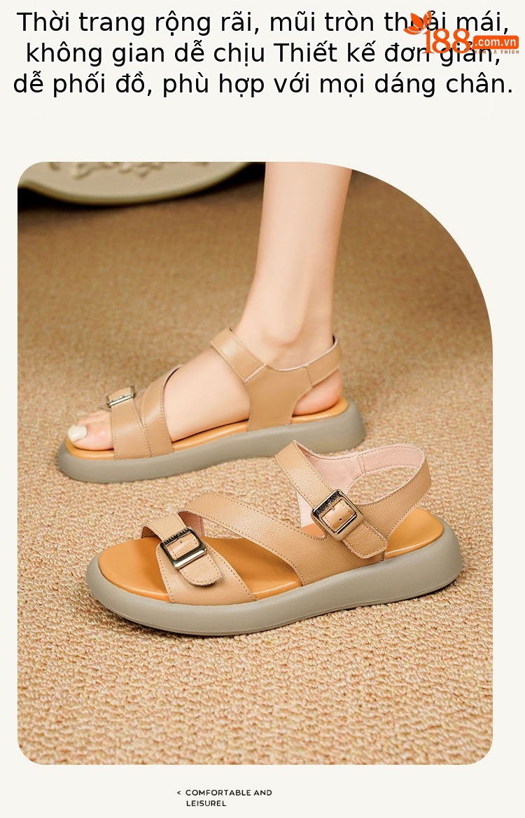 Sandal nữ quai ngang da thật đế dày mềm mại — Màu nâu chi tiết 16