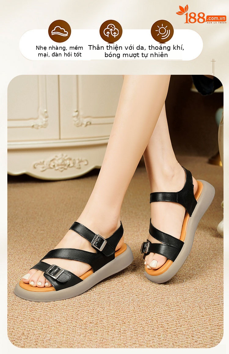 Sandal nữ quai ngang da thật đế dày mềm mại — Màu nâu chi tiết 19