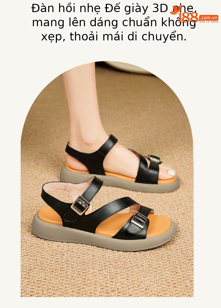 Sandal nữ quai ngang da thật đế dày mềm mại — Màu nâu chi tiết 21