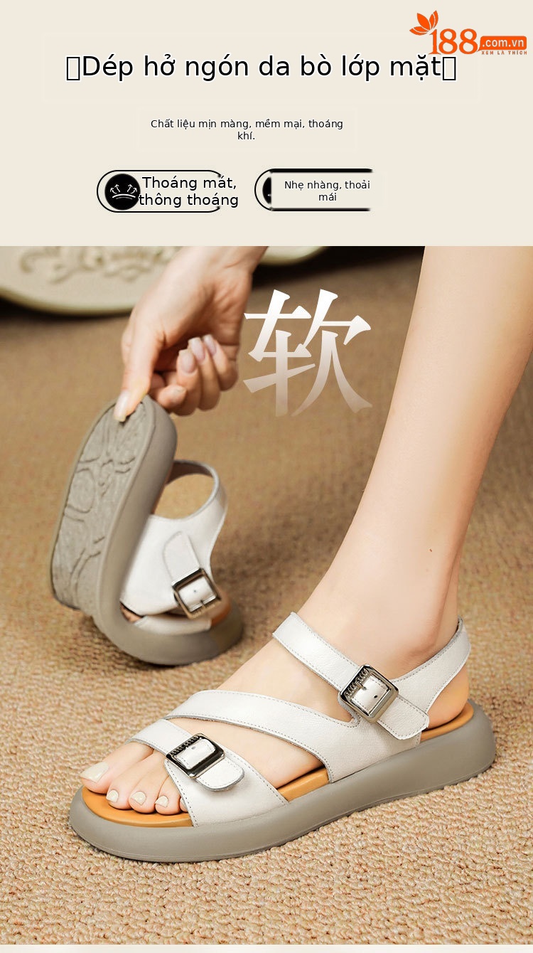 Sandal nữ quai ngang da thật đế dày mềm mại — Màu nâu chi tiết 1