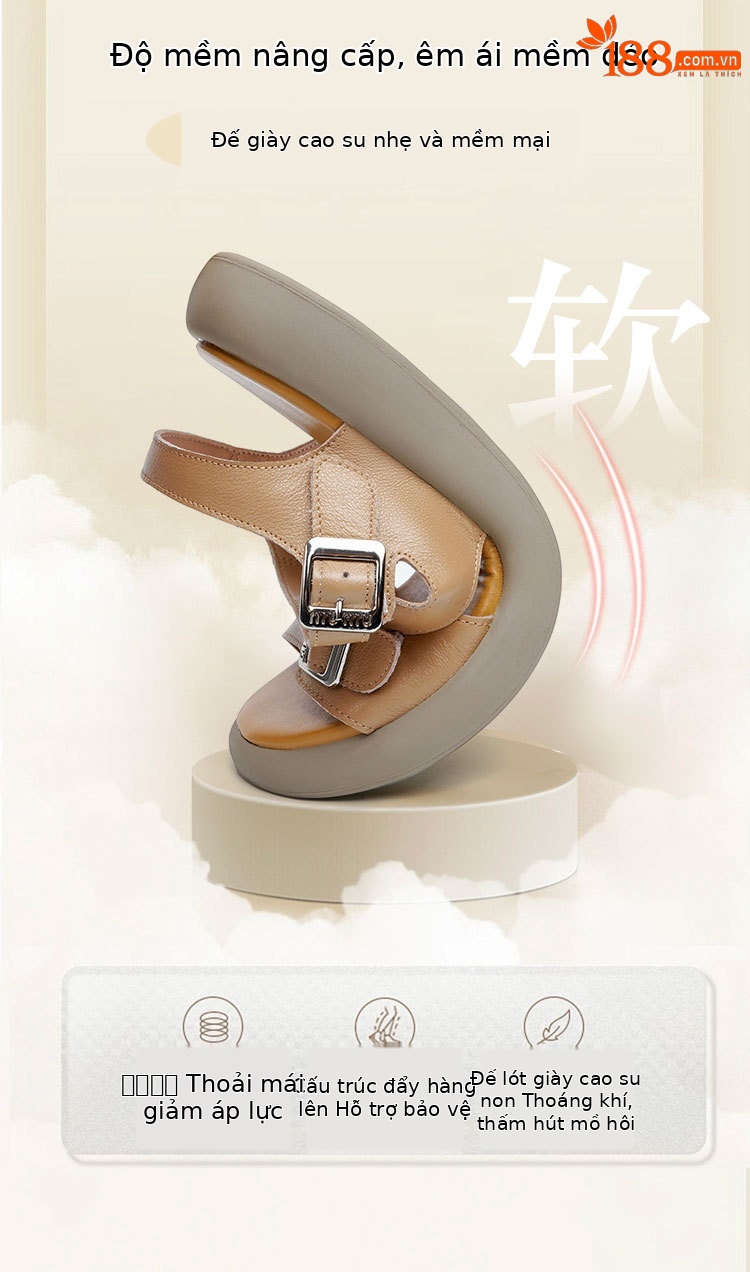 Sandal nữ quai ngang da thật đế dày mềm mại — Màu nâu chi tiết 5
