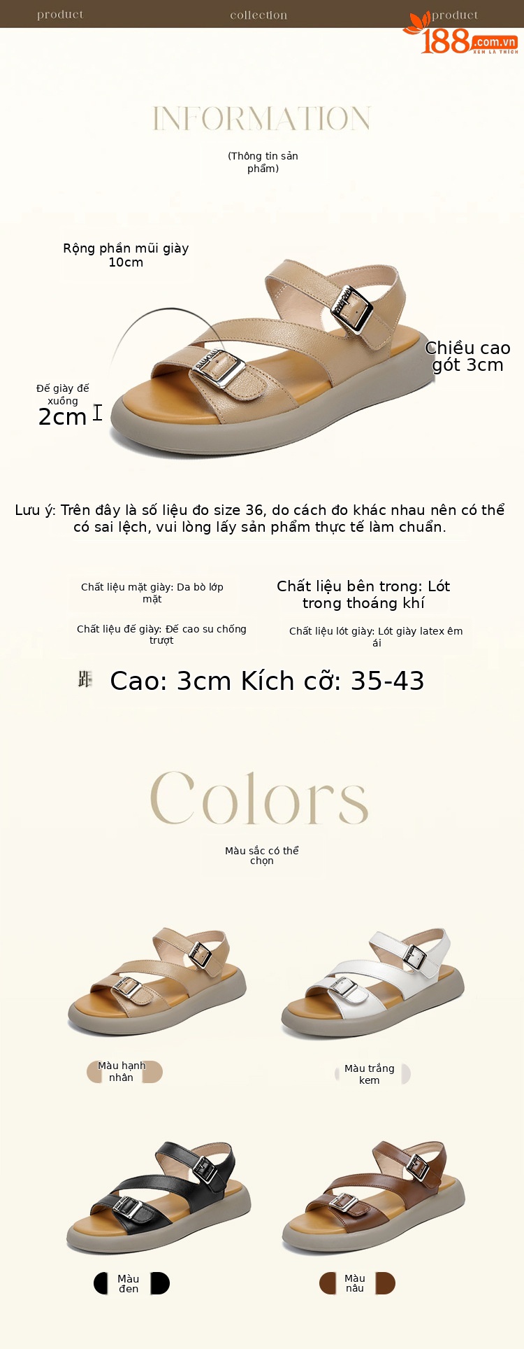 Sandal nữ quai ngang da thật đế dày mềm mại — Màu nâu chi tiết 6