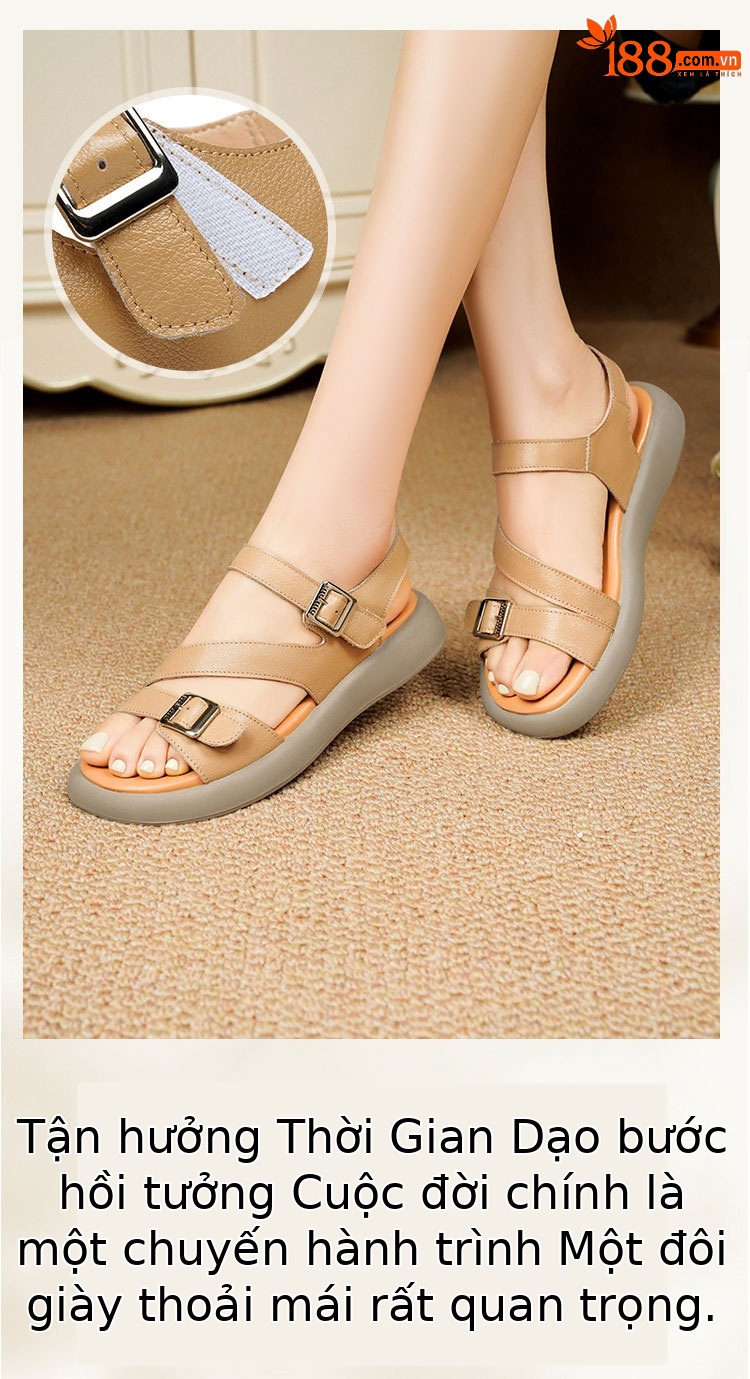 Sandal nữ quai ngang da thật đế dày mềm mại — Màu nâu chi tiết 18