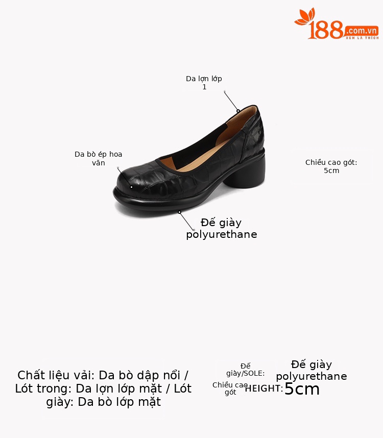 Giày cao gót đế dày platform nữ mũi nhọn gót vuông 5 cm — nâu chi tiết 2