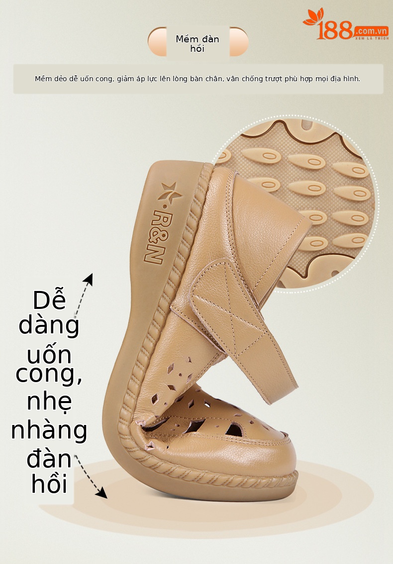 Sandal nữ quai chữ V đơn giản đế mềm da thật thoáng khí — Màu nâu chi tiết 2