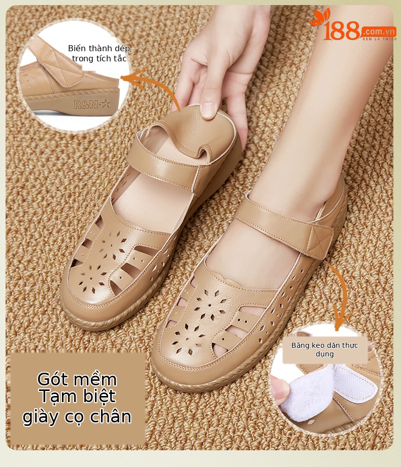 Sandal nữ quai chữ V đơn giản đế mềm da thật thoáng khí — Màu nâu chi tiết 5