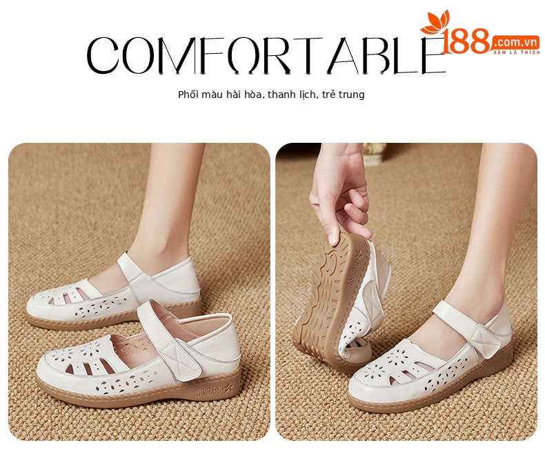 Sandal nữ quai chữ V đơn giản đế mềm da thật thoáng khí — Màu nâu chi tiết 15