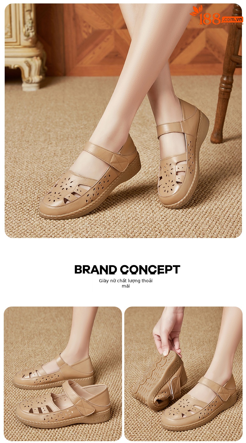 Sandal nữ quai chữ V đơn giản đế mềm da thật thoáng khí — Màu nâu chi tiết 18
