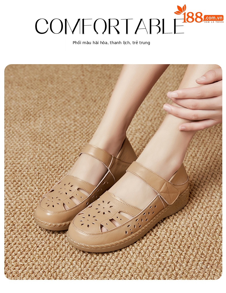 Sandal nữ quai chữ V đơn giản đế mềm da thật thoáng khí — Màu nâu chi tiết 19