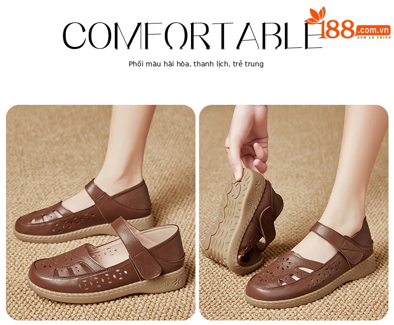 Sandal nữ quai chữ V đơn giản đế mềm da thật thoáng khí — Màu nâu chi tiết 25