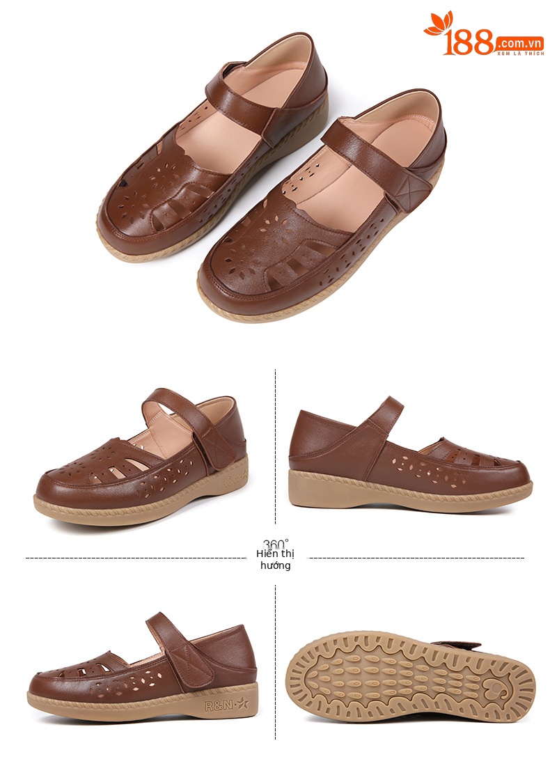 Sandal nữ quai chữ V đơn giản đế mềm da thật thoáng khí — Màu nâu chi tiết 31
