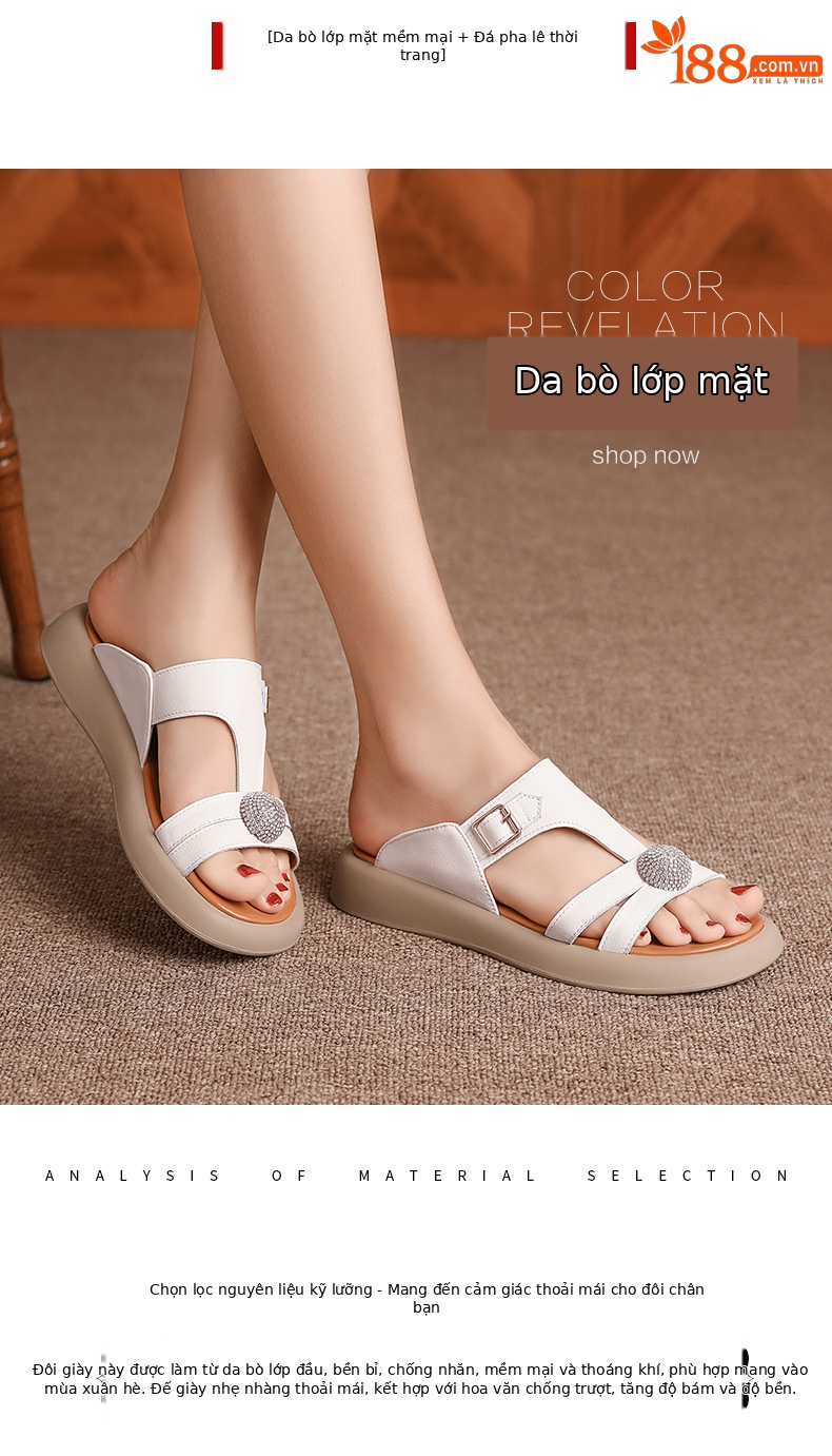 Dép lê nữ da thật đế bệt mềm chống trượt đi trong nhà và ngoài trời — Trắng be màu mơ chi tiết 2