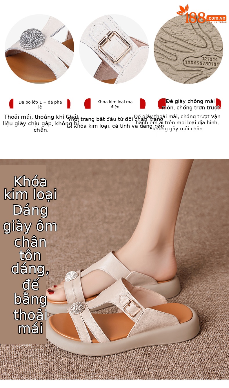 Dép lê nữ da thật đế bệt mềm chống trượt đi trong nhà và ngoài trời — Trắng be màu mơ chi tiết 3