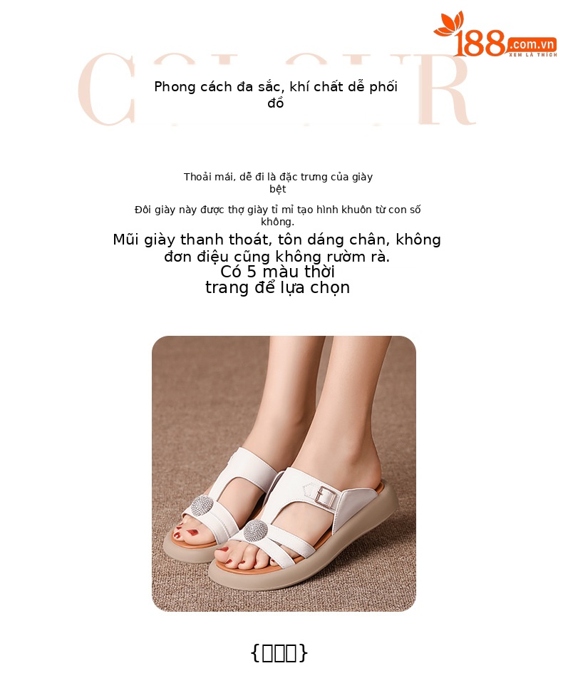 Dép lê nữ da thật đế bệt mềm chống trượt đi trong nhà và ngoài trời — Trắng be màu mơ chi tiết 4