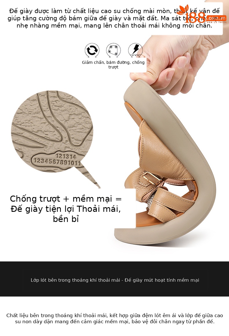 Dép lê nữ da thật đế bệt mềm chống trượt đi trong nhà và ngoài trời — Trắng be màu mơ chi tiết 7
