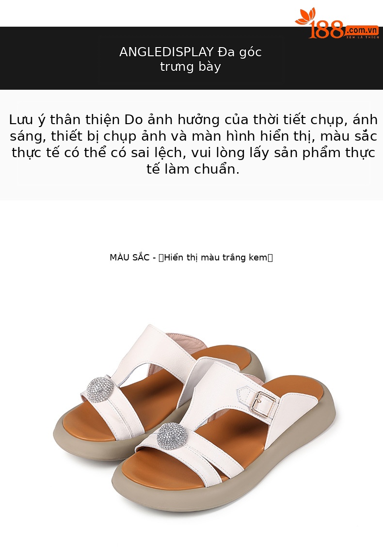Dép lê nữ da thật đế bệt mềm chống trượt đi trong nhà và ngoài trời — Trắng be màu mơ chi tiết 30
