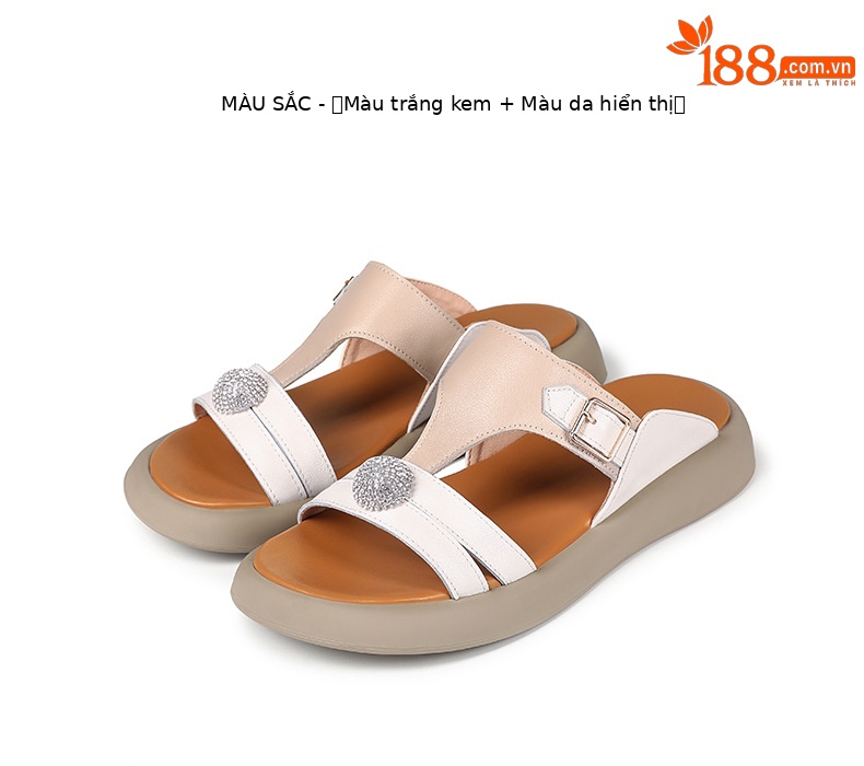 Dép lê nữ da thật đế bệt mềm chống trượt đi trong nhà và ngoài trời — Trắng be màu mơ chi tiết 33