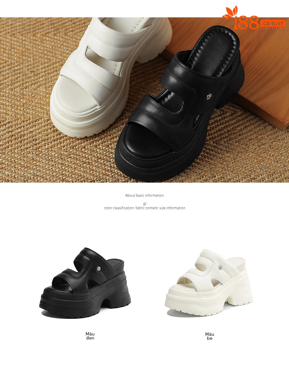 Dép sandal cao gót nữ hở mũi quai ngang da thật đế dày — Màu đen, Màu trắng chi tiết 4