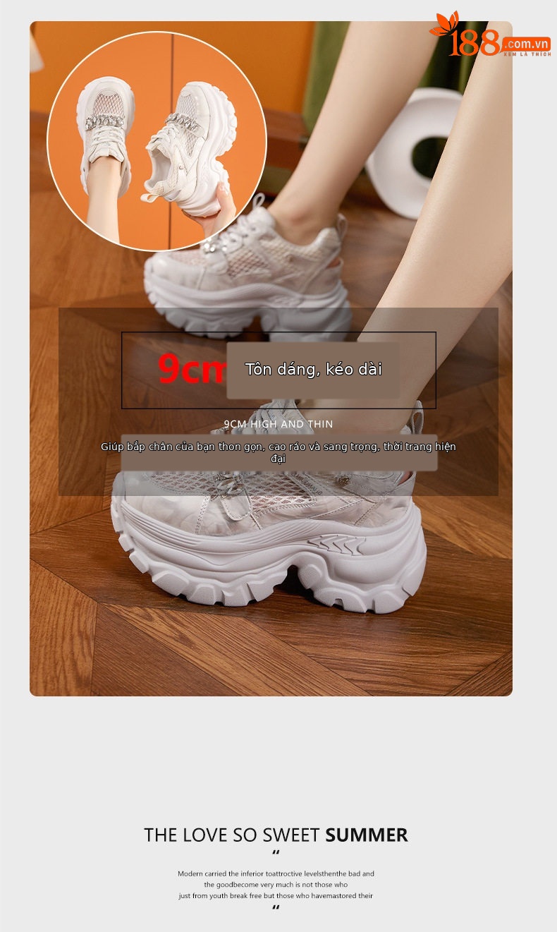 Giày sneaker nữ lưới thoáng khí đế dày 9 cm mùa xuân hè 2025 — Xám, Trắng ngọc trai chi tiết 9