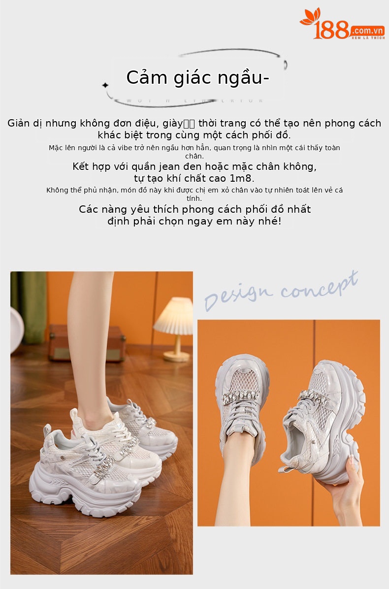 Giày sneaker nữ lưới thoáng khí đế dày 9 cm mùa xuân hè 2025 — Xám, Trắng ngọc trai chi tiết 4