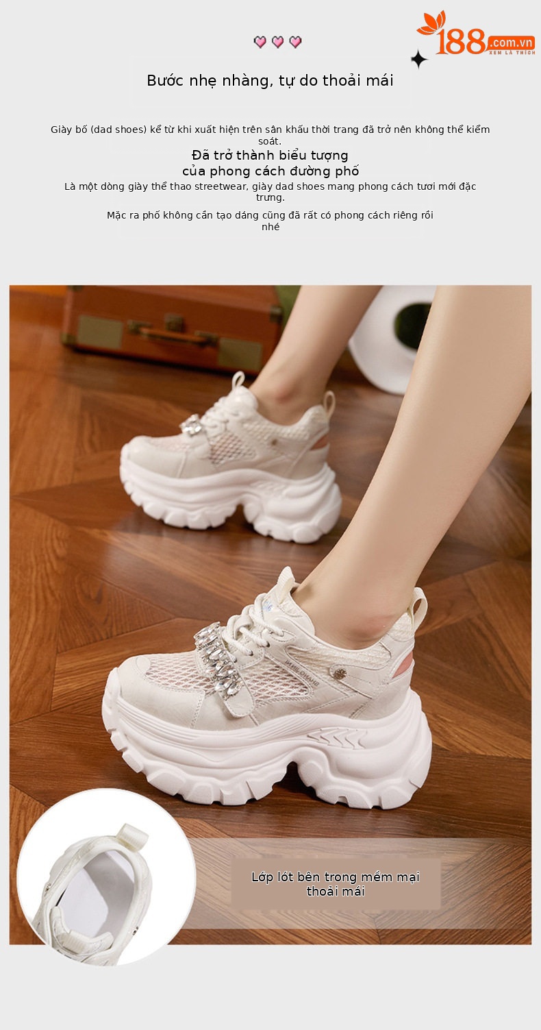 Giày sneaker nữ lưới thoáng khí đế dày 9 cm mùa xuân hè 2025 — Xám, Trắng ngọc trai chi tiết 5