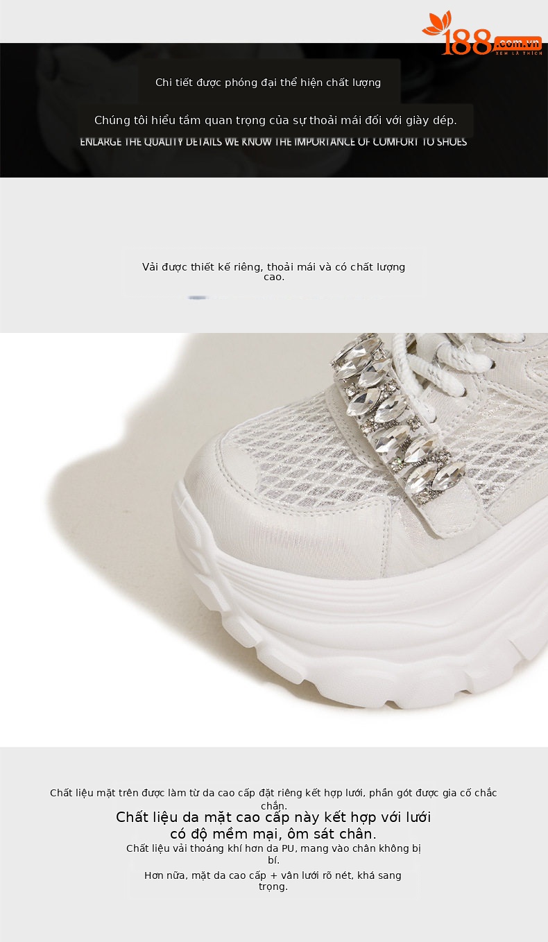Giày sneaker nữ lưới thoáng khí đế dày 9 cm mùa xuân hè 2025 — Xám, Trắng ngọc trai chi tiết 6