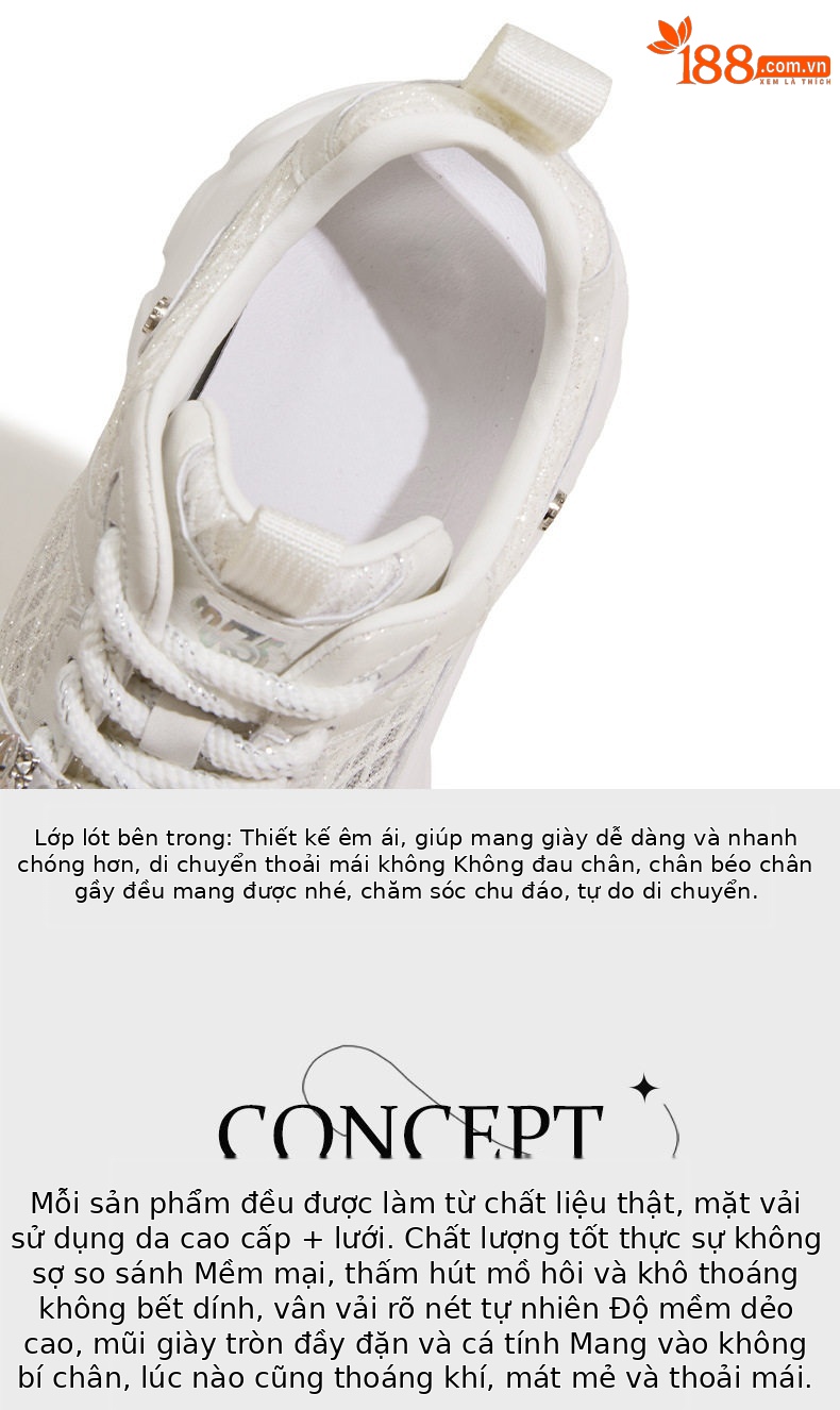 Giày sneaker nữ lưới thoáng khí đế dày 9 cm mùa xuân hè 2025 — Xám, Trắng ngọc trai chi tiết 8