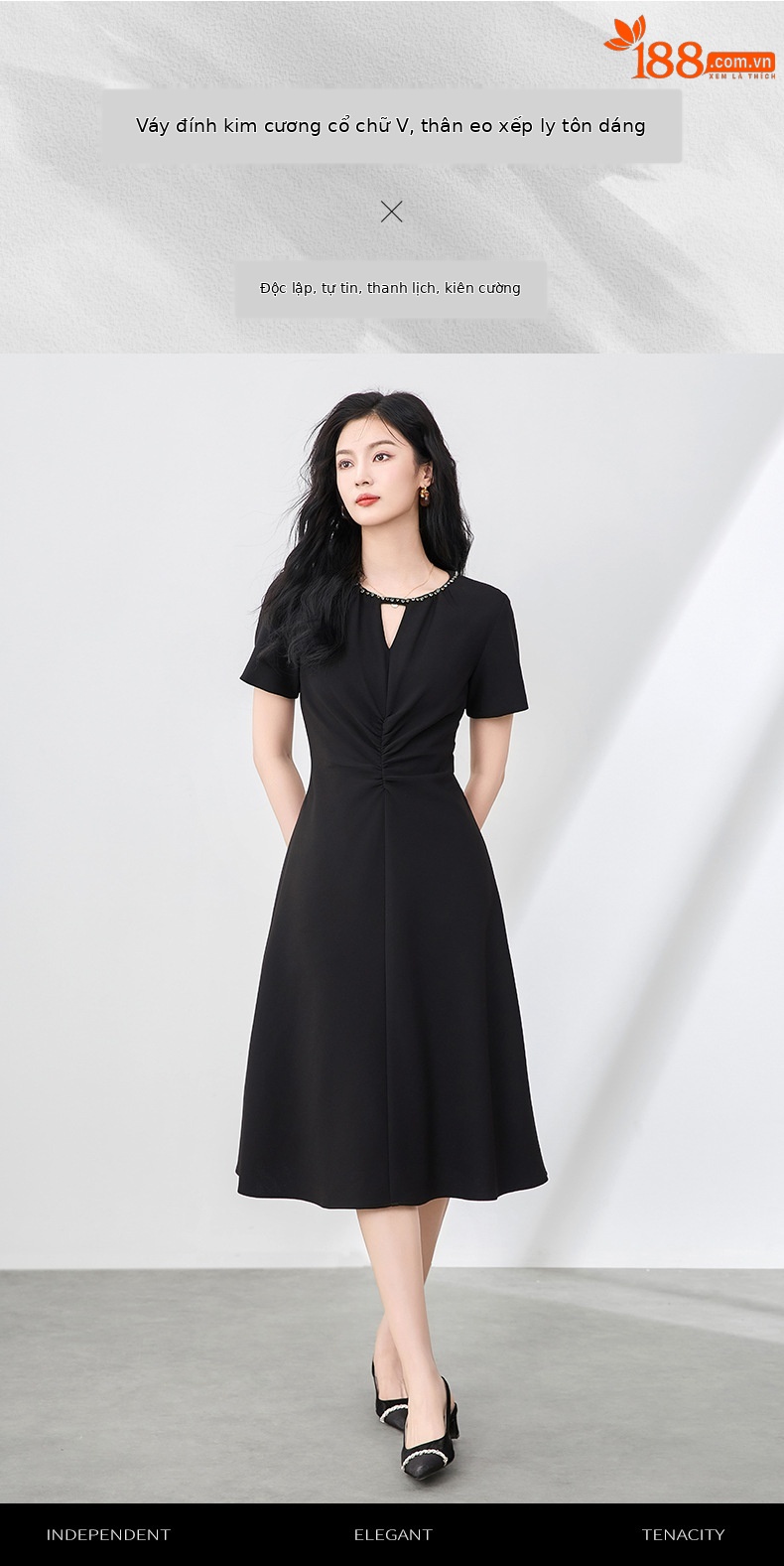 Váy đính cườm quý cô tay ngắn xếp ly eo cao — Màu đen chi tiết 1