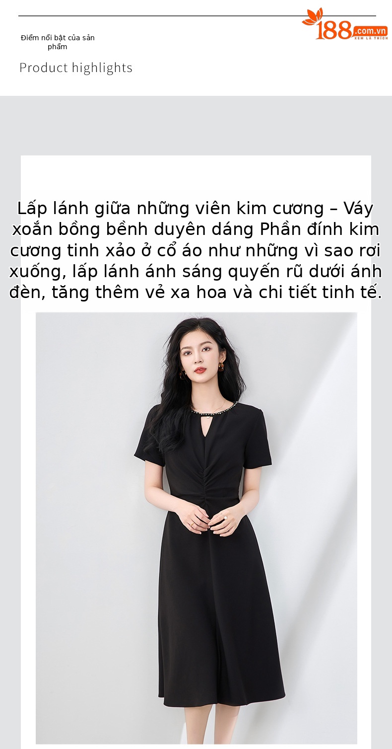Váy đính cườm quý cô tay ngắn xếp ly eo cao — Màu đen chi tiết 4