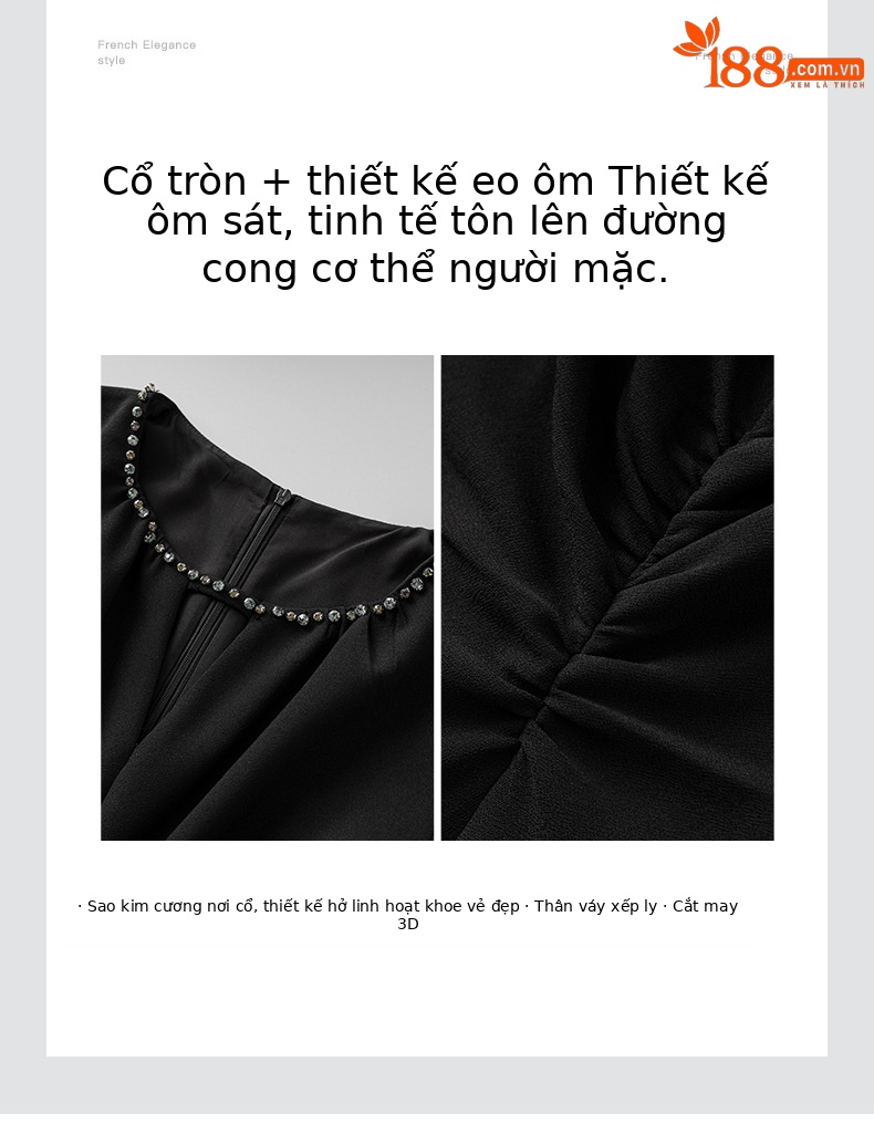 Váy đính cườm quý cô tay ngắn xếp ly eo cao — Màu đen chi tiết 5