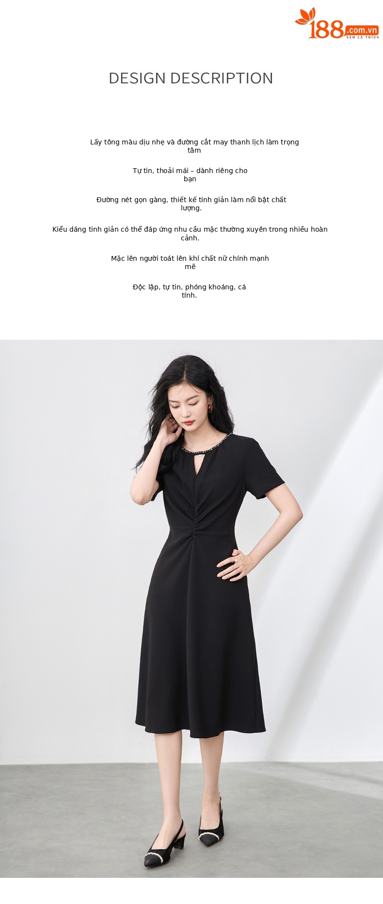 Váy đính cườm quý cô tay ngắn xếp ly eo cao — Màu đen chi tiết 2