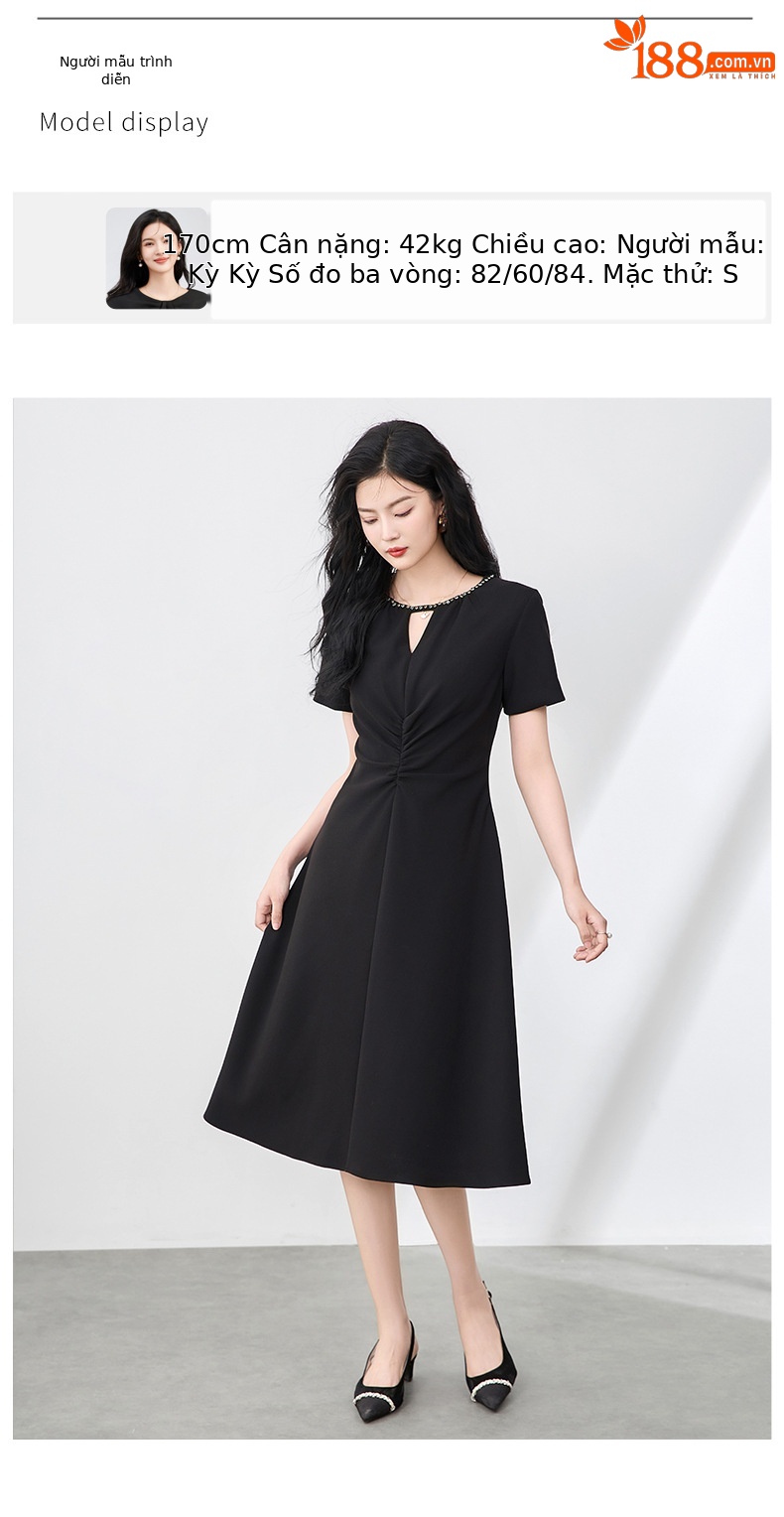 Váy đính cườm quý cô tay ngắn xếp ly eo cao — Màu đen chi tiết 6