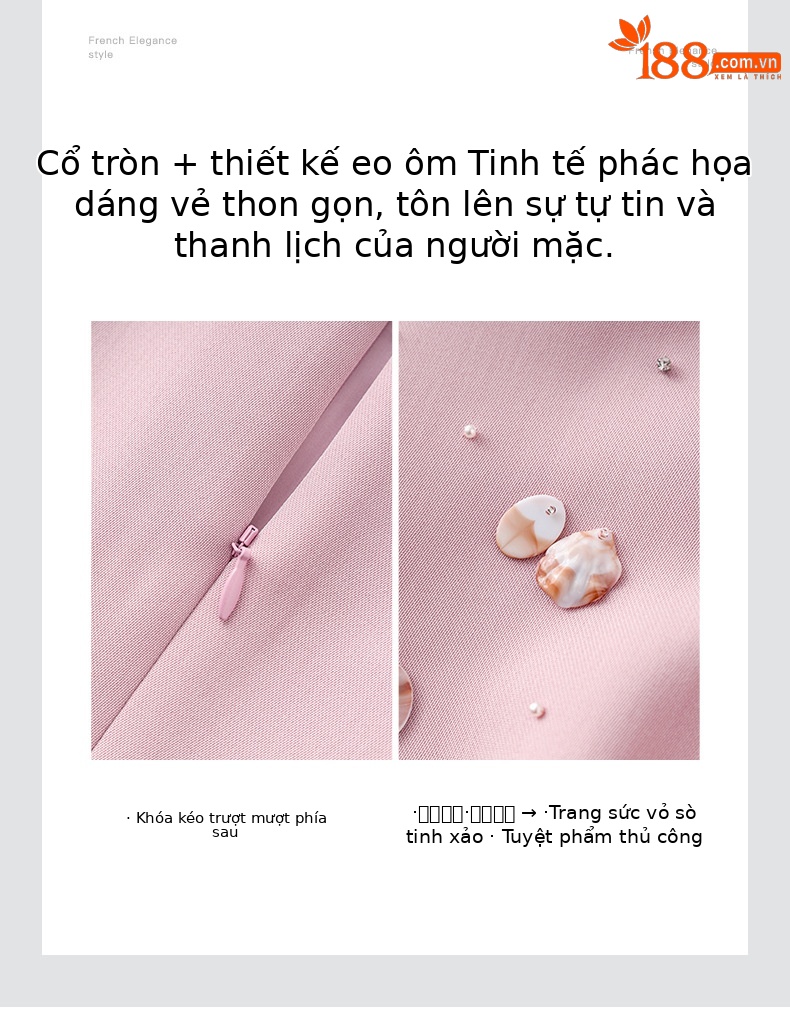 Váy đuôi cá cổ tròn tay ngắn đính đá vỏ sò phong cách sang trọng — Màu hồng chi tiết 5