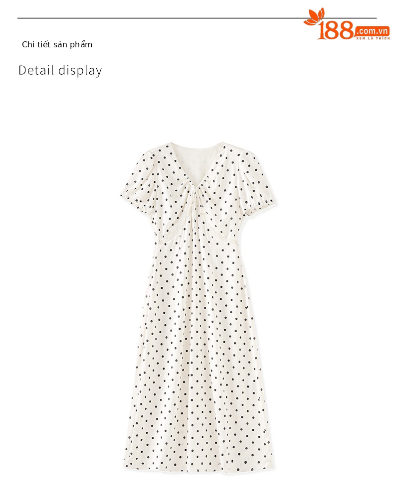 Váy maxi tay phồng chấm bi phong cách Pháp, chất liệu jacquard satin ren rủ — Màu mơ chi tiết 10