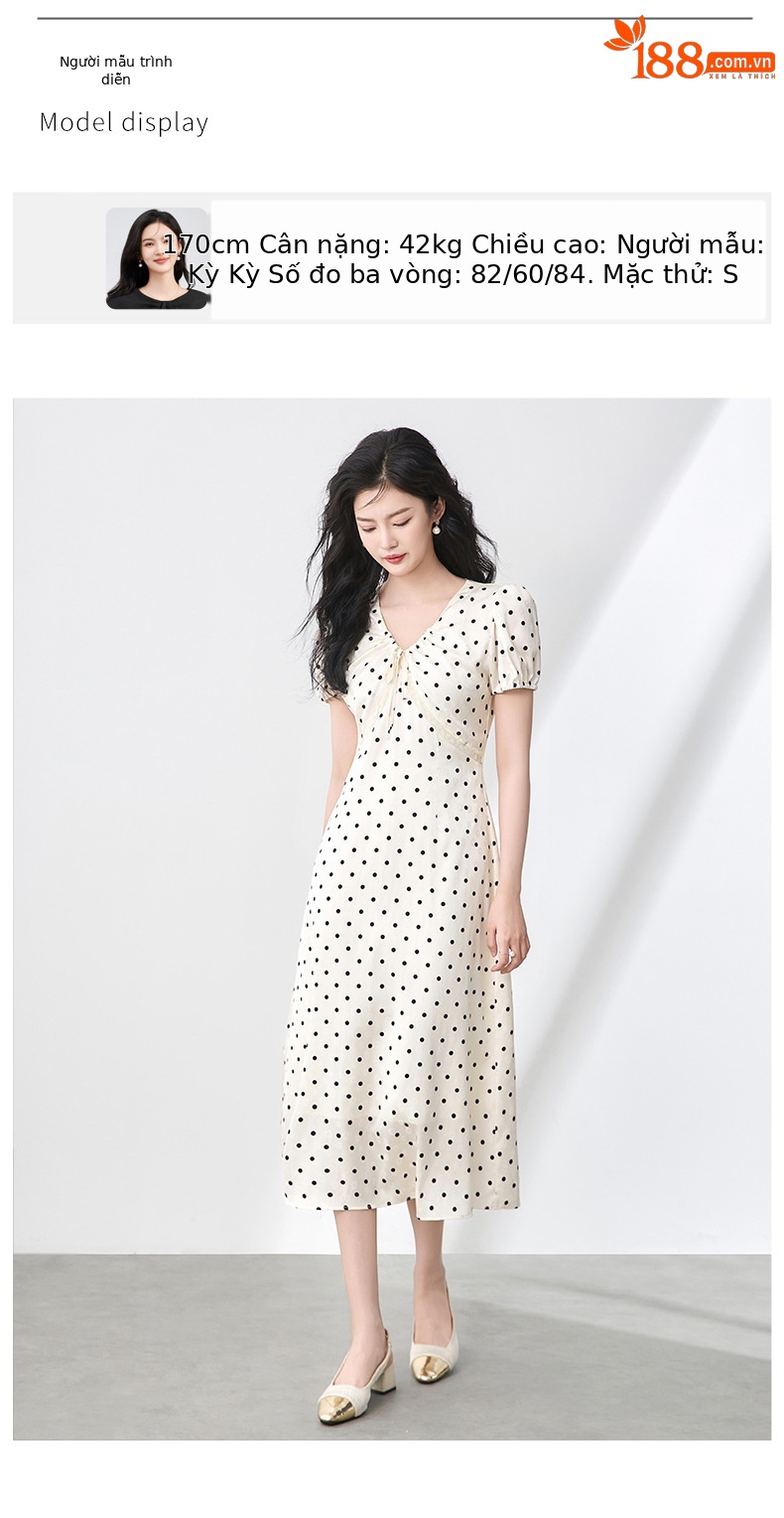 Váy maxi tay phồng chấm bi phong cách Pháp, chất liệu jacquard satin ren rủ — Màu mơ chi tiết 6