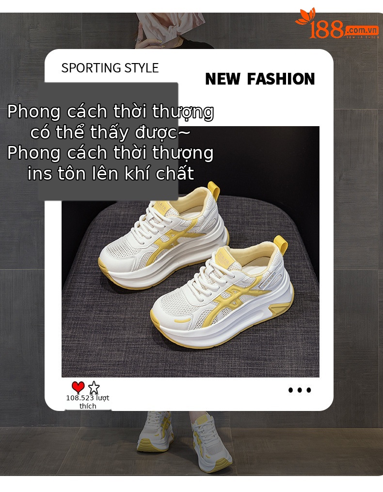 Giày thể thao nữ đế dày tăng chiều cao, lưới thoáng khí, phong cách thường ngày — M2852 Màu be, M2852 màu xanh lam, M2852 Màu vàng chi tiết 3