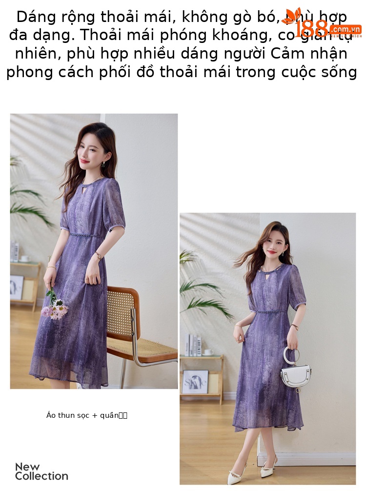 Đầm nữ cổ tròn ôm eo thanh lịch mùa hè 2025 — Màu tím chi tiết 3