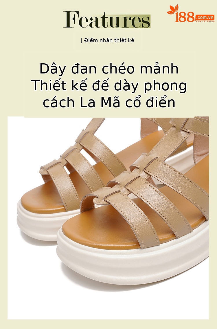 Sandal La Mã nữ da thật đế dày gót vuông quai ngang — Màu đen chi tiết 3