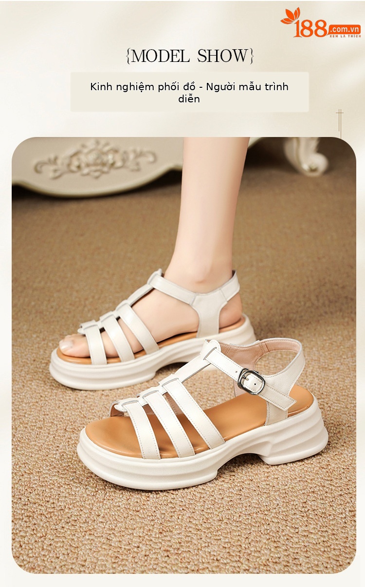 Sandal La Mã nữ da thật đế dày gót vuông quai ngang — Màu đen chi tiết 11