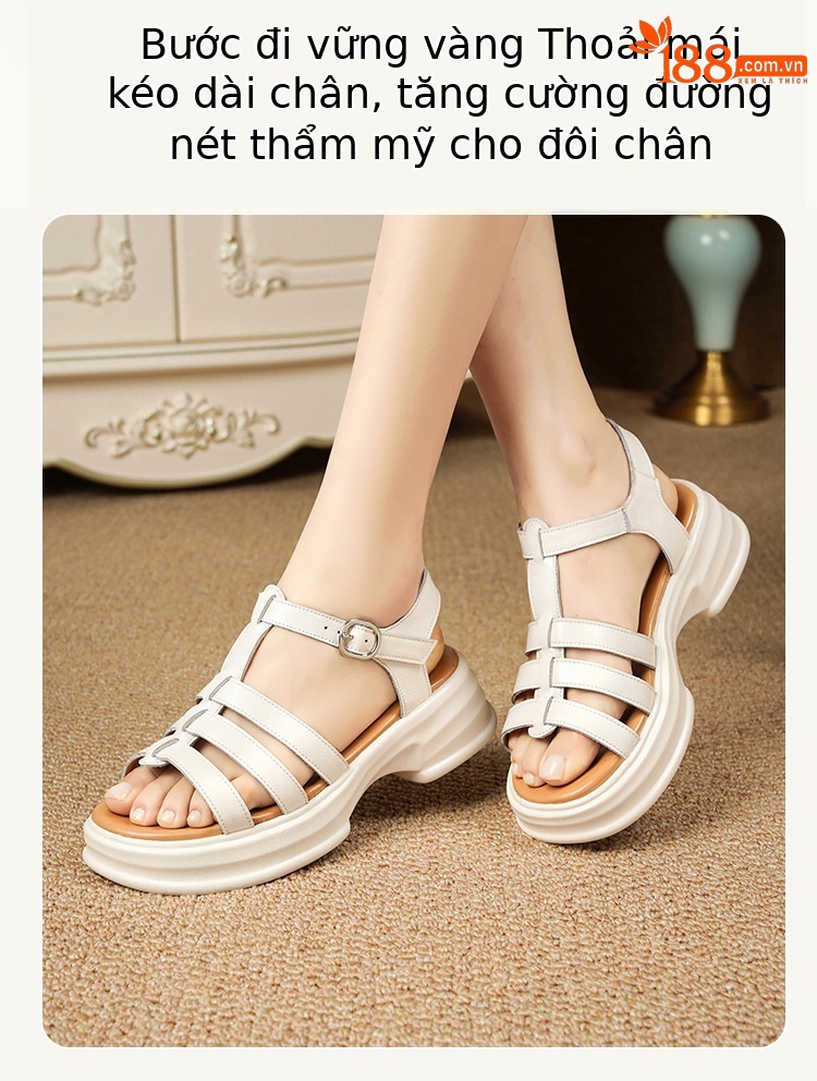 Sandal La Mã nữ da thật đế dày gót vuông quai ngang — Màu đen chi tiết 12