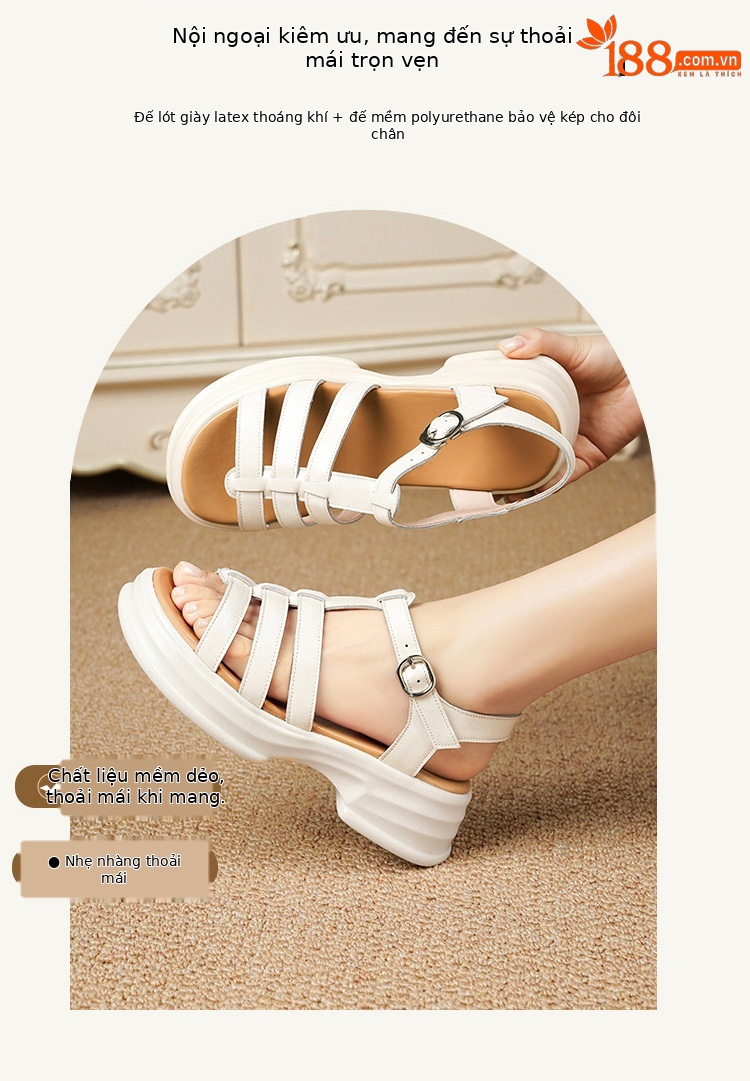 Sandal La Mã nữ da thật đế dày gót vuông quai ngang — Màu đen chi tiết 13