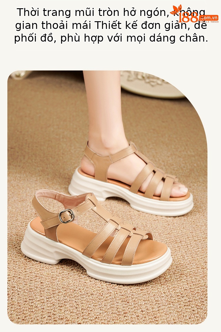Sandal La Mã nữ da thật đế dày gót vuông quai ngang — Màu đen chi tiết 15