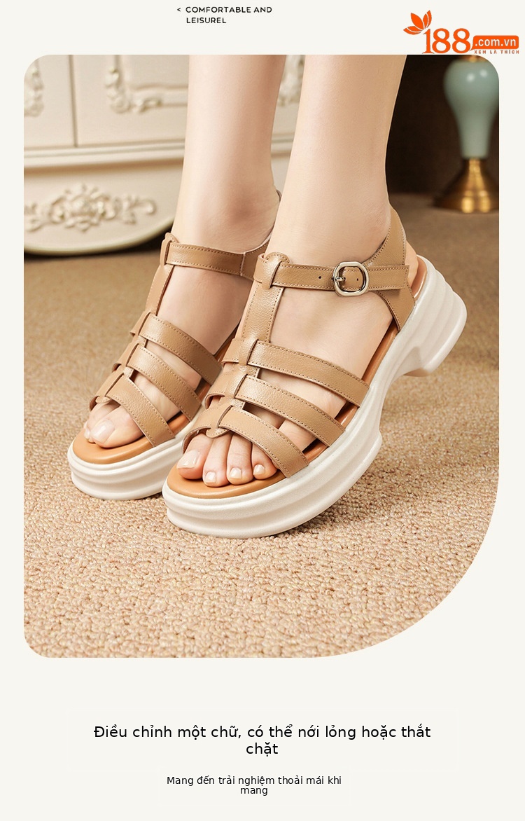 Sandal La Mã nữ da thật đế dày gót vuông quai ngang — Màu đen chi tiết 16