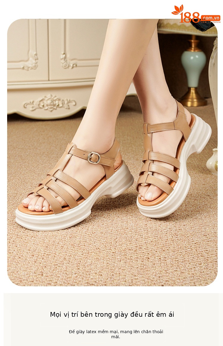 Sandal La Mã nữ da thật đế dày gót vuông quai ngang — Màu đen chi tiết 18