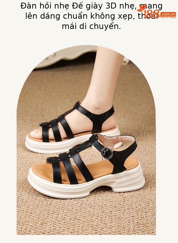 Sandal La Mã nữ da thật đế dày gót vuông quai ngang — Màu đen chi tiết 20