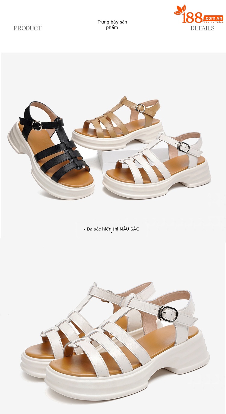 Sandal La Mã nữ da thật đế dày gót vuông quai ngang — Màu đen chi tiết 24