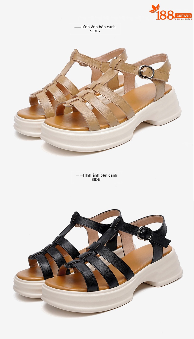 Sandal La Mã nữ da thật đế dày gót vuông quai ngang — Màu đen chi tiết 25